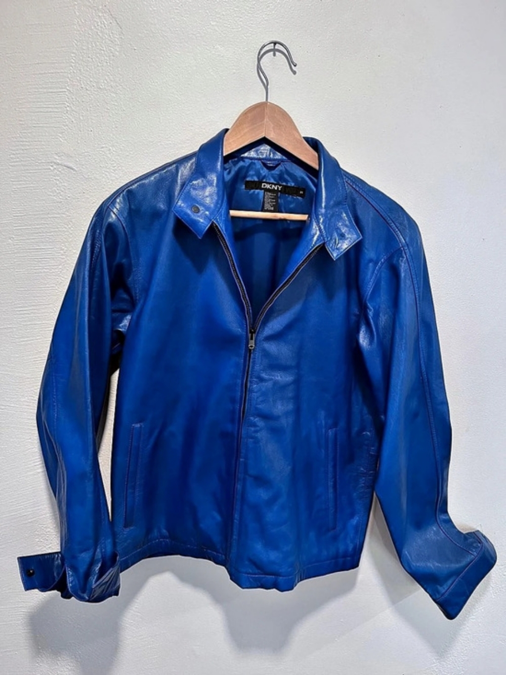 DKNY Blue Leather Jacket Size Medium